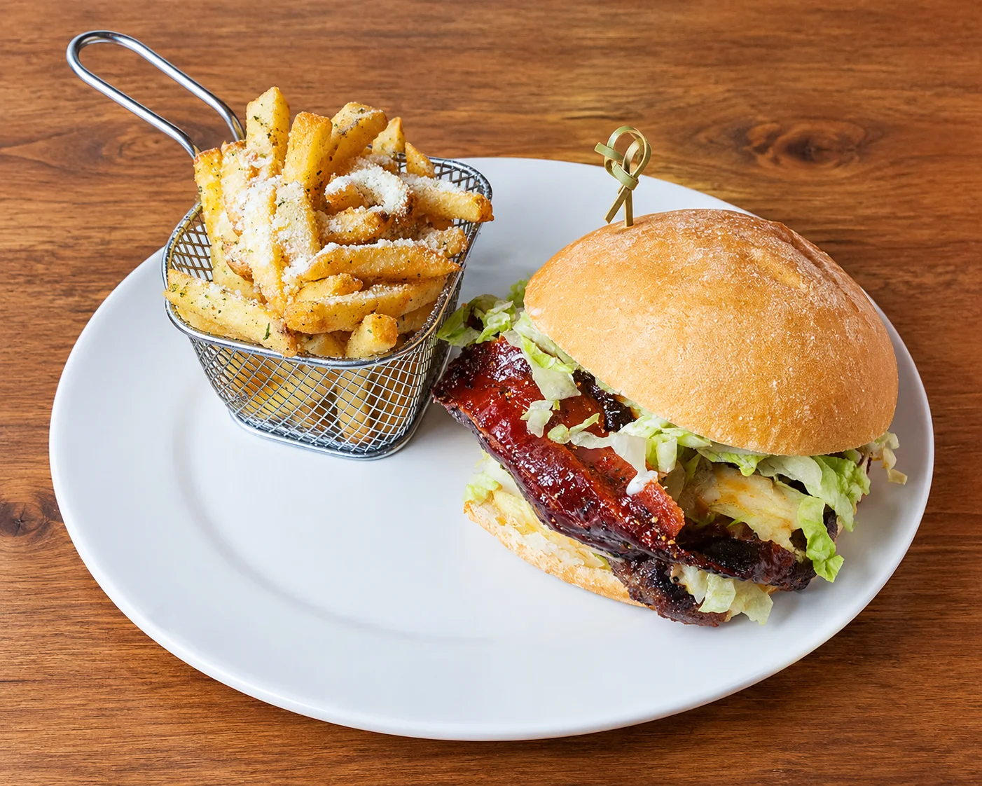 Bacon cheddar burger with thick-cut bacon and lettuce