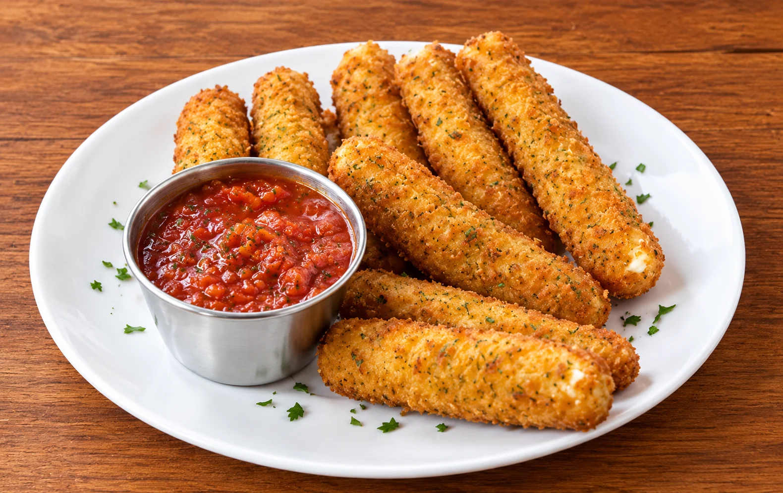 Mozzarella sticks with marinara dip in a newspaper-lined basket