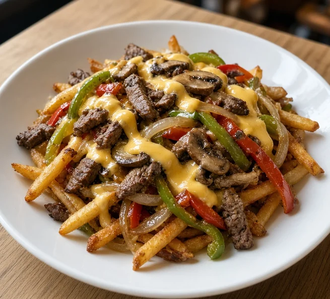 Philly cheese poutine with steak, peppers, mushrooms and cheese sauce
