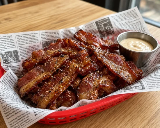 Thick-cut bacon with a sticky maple pepper glaze in a paper-lined basket with a cup of maple aioli