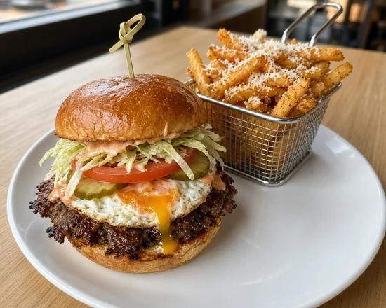 Smash burger with a fried egg, shredded lettuce, tomato, pickles and burger sauce, with parmesan fries