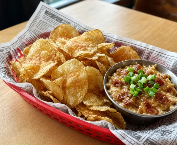 House kettle chips with a cup of caramelized onion and bacon dip