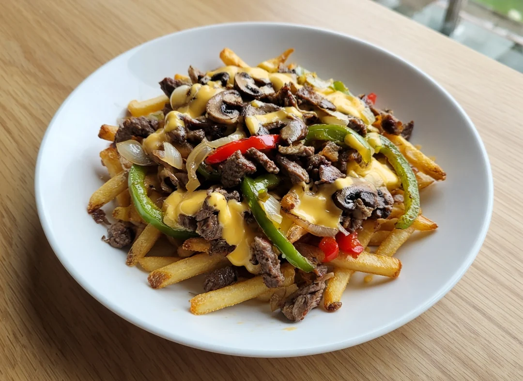 Fries topped with shaved steak, onions, peppers, mushrooms and cheese sauce