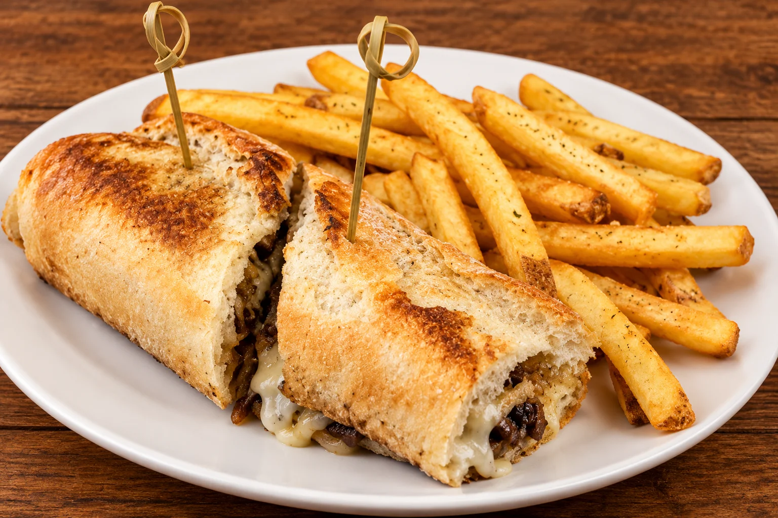 Philly cheesesteak on a toasted baguette, cut in half, with fries